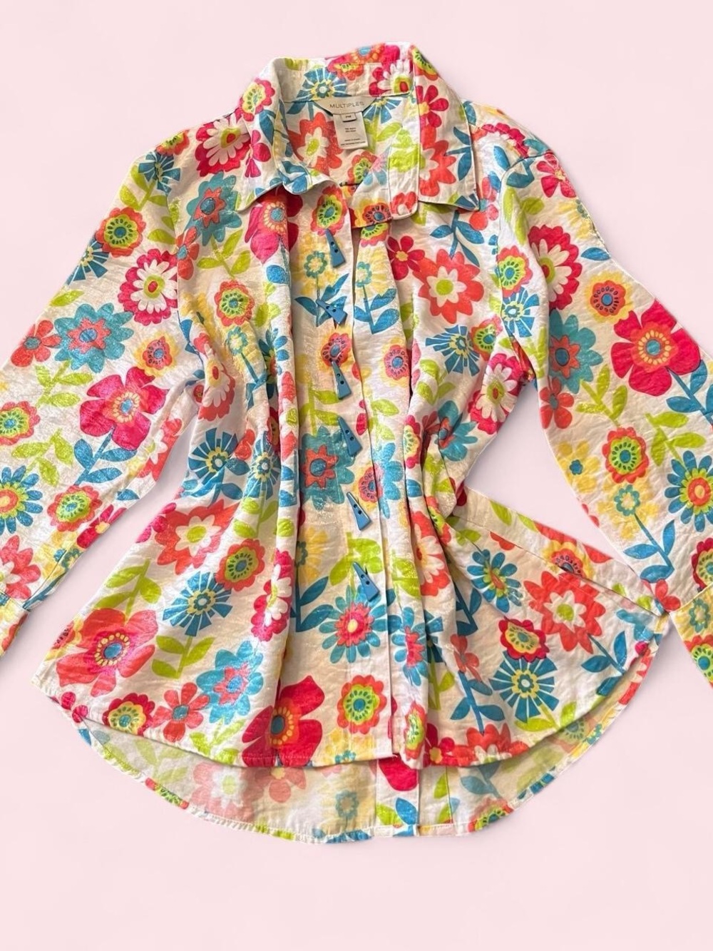 Multiples Bright Floral Button-Down Shirt - Pink Blue Green Yellow